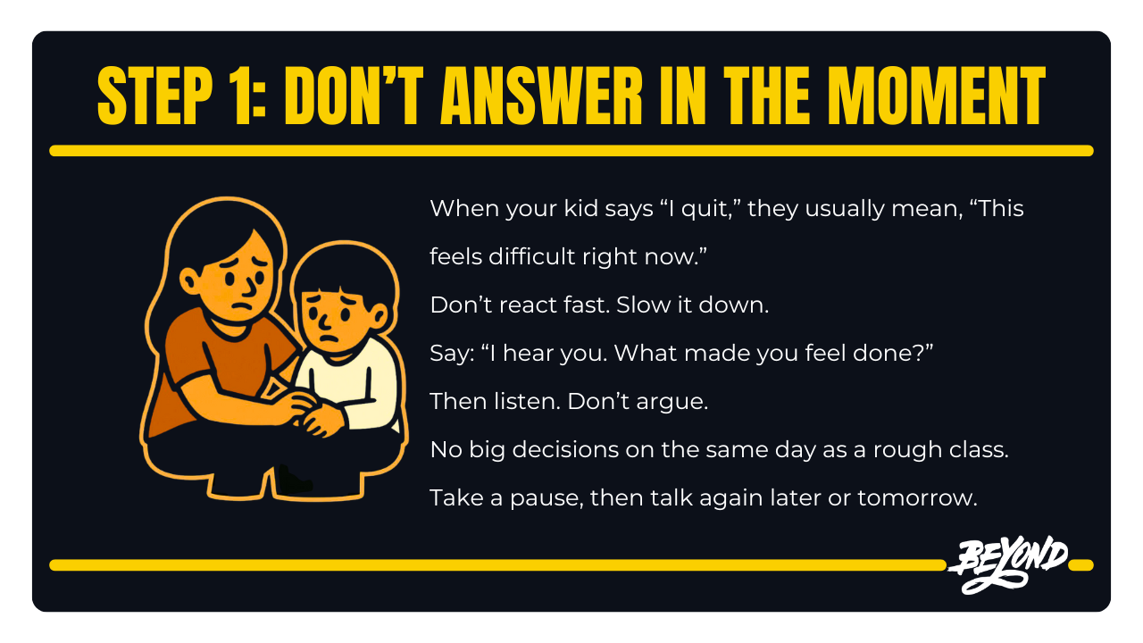 Parent comforting a child while discussing quitting an activity.