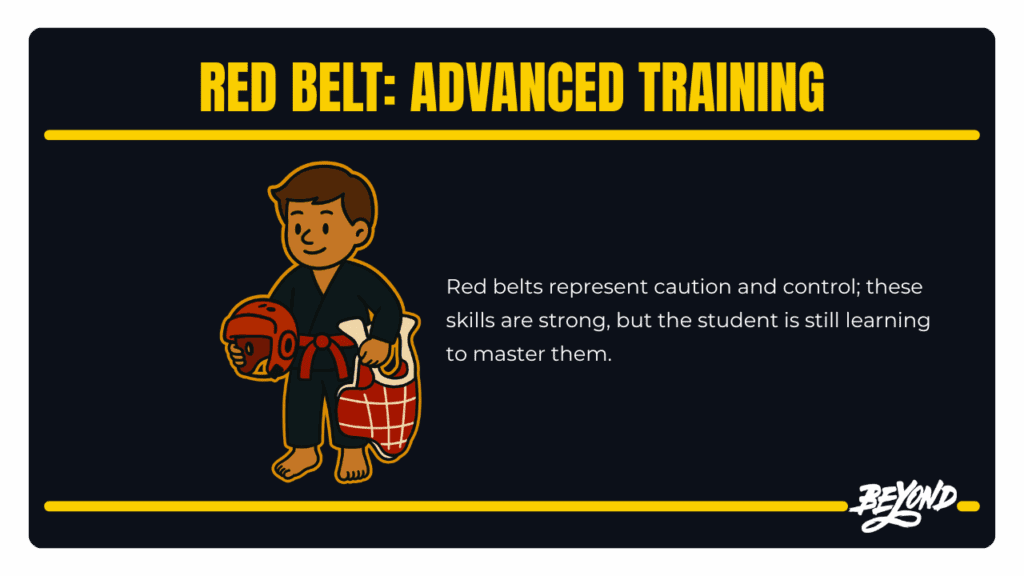 Red Belt: Advanced Training – "Illustration of a Taekwondo student with a red belt holding sparring gear."