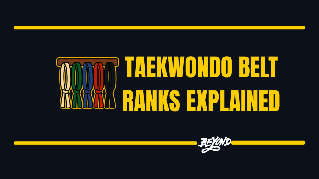Vector illustration of Taekwondo belts on a rack with text “Taekwondo Belt Ranks Explained” and Beyond Martial Arts logo.