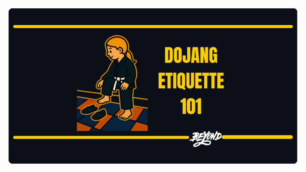 Dojang Etiquette 101 (hero): Child in a dobok removes shoes at the dojang entrance.