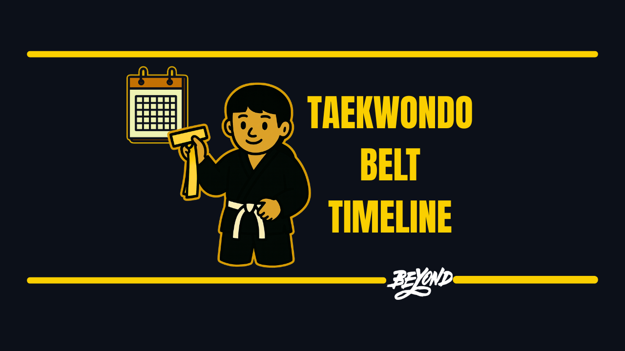 Vector art illustration of a smiling child in a black uniform holding a belt next to a calendar icon and large title text “Taekwondo Belt Timeline.”