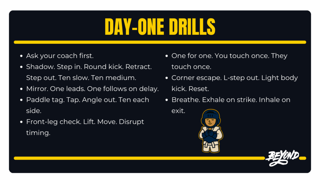 Cartoon student with bullets for shadow, mirror, paddle tag, front-leg check, one-for-one, corner escape, and breathing.