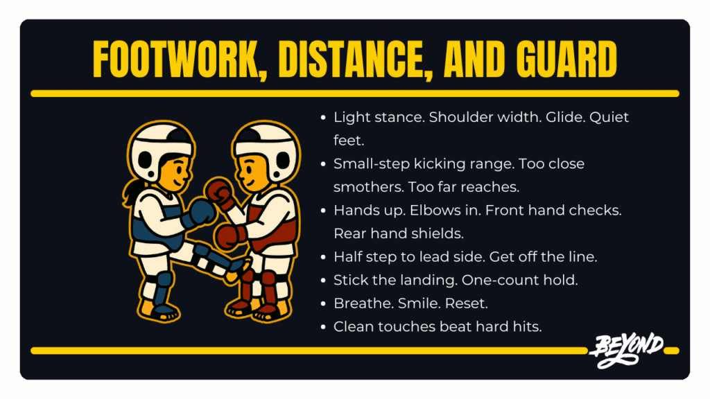 Two sparring kids with bullets on light stance, small-step range, high guard, lead-side angle, balance, and calm resets.
